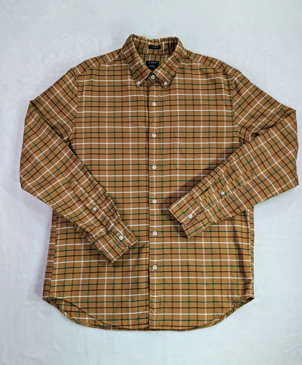 J.Crew Men's Flex Oxford Shirt M Medium Brown Green Tattersall Check Plaid AC125
